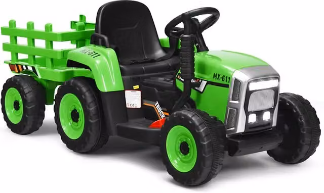 Trattore elettrico con rimorchio verde con Bluetooth e luci, L/P/H: 135 x 51 x 53 cm