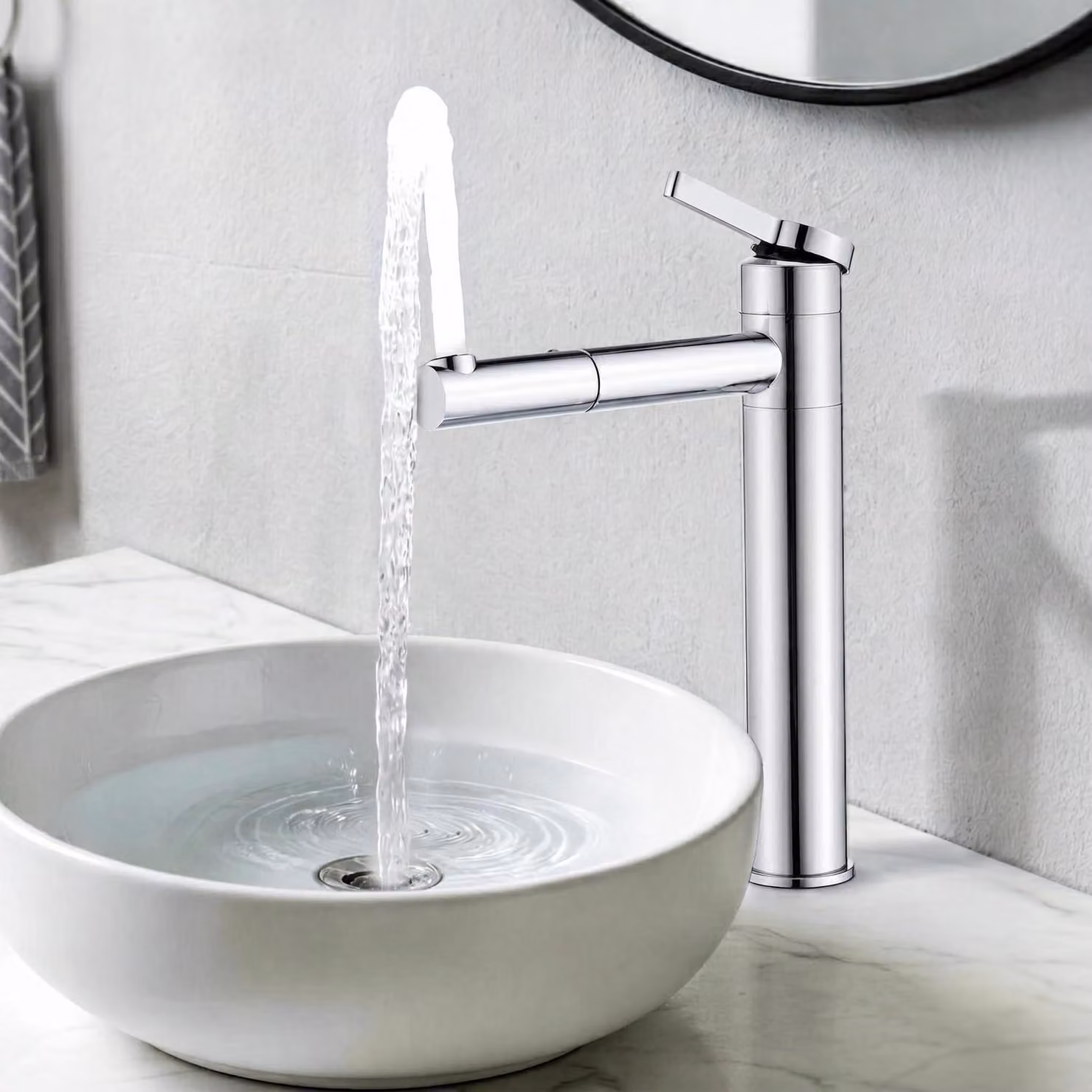 Miscelatore per lavabo, cromato, girevole a 360°, in acciaio inossidabile