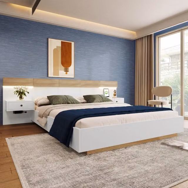 Letto matrimoniale 205x284x90.5 cm con comodini LED e prese USB; legno bianco e naturale