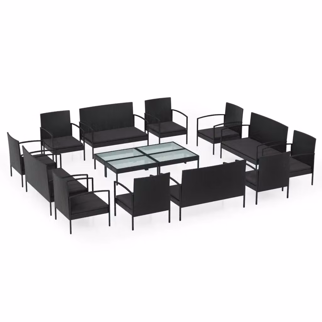 Set di Divani da Giardino vidaXL 16 Pezzi con Cuscini in Polyrattan Nero – 2