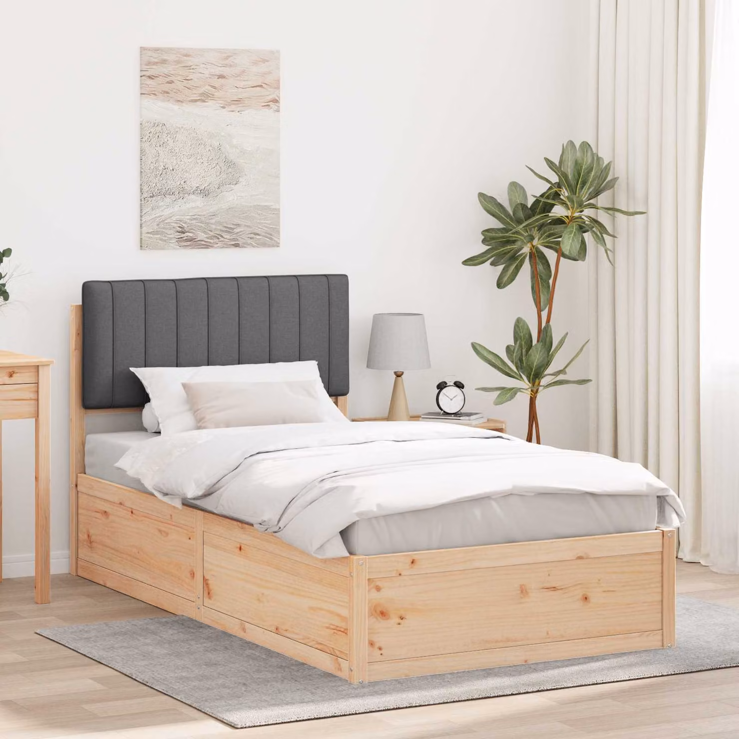 vidaXL Letto Moderno con Testiera Rivestita in Tessuto Grigio e Struttura in Legno di Pino L/P/H: 100 x 200 x 105,5 cm – 1