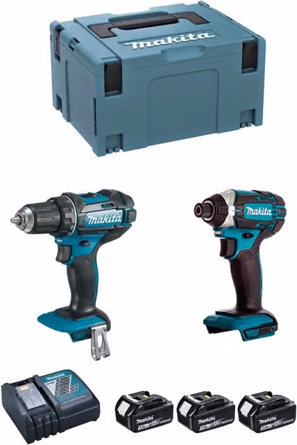 Kit utensili ricaricabili Makita DLX2127J1 con avvitatore DDF482, avvitatore a impulsi DTD152, 3 batterie da 3,0 Ah, caricabatterie DC18RC e valigetta MAKPC 3