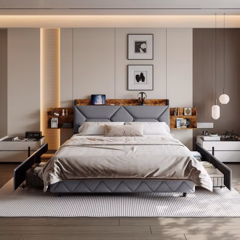 UnboxG Letto imbottito 160x200cm, letto matrimoniale con USB/Type-C e 4 cassetti, letto contenitore letto giovanile con rete a doghe, letto funzionale letto in legno massiccio, biancheria, grigio