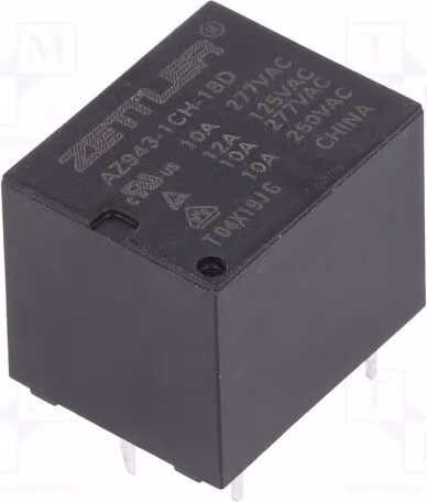 3 relè: elettromagnetici, 10A/277VAC. Bobina: 18VDC, 15A. Modello: AZ943-1CH-18D. Elettrico