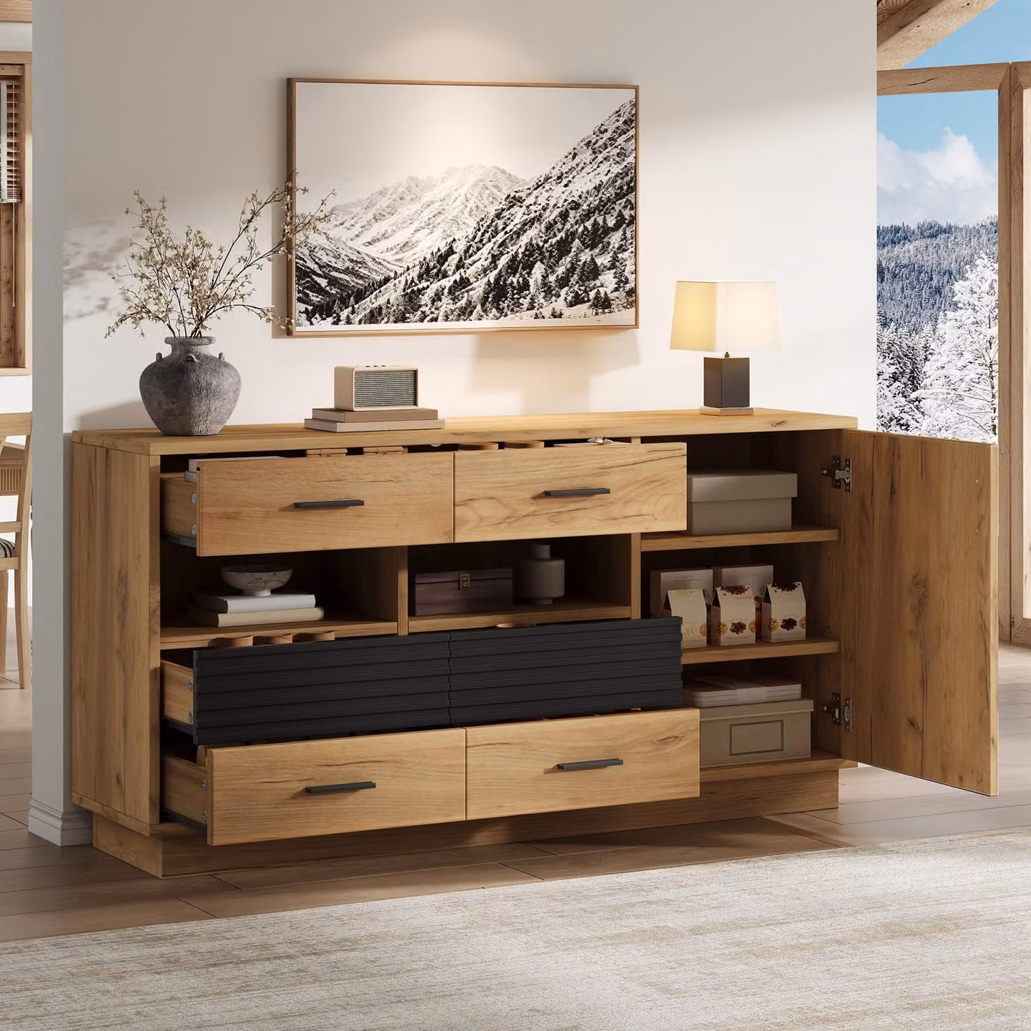 Mobile contenitore MODFU, dimensioni 140x35x70 cm, con 6 cassetti e 1 anta, credenza con 12 scomparti, realizzato in MDF con finitura effetto legno nero