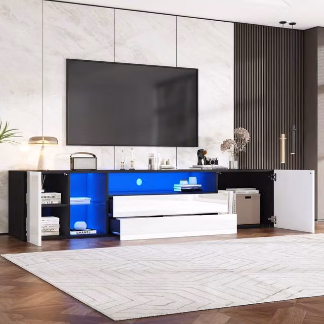 Mobile porta TV con LED e 2 cassetti 2 ante a pressione per soggiorno in truciolare bianco e nero 180 × 40 × 45 cm