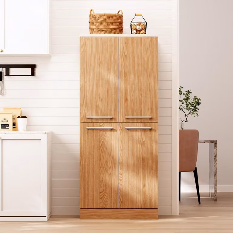 Mobile da cucina a colonna effetto rovere, dispensa a 4 ante, design in stile frigorifero, ripiani regolabili in altezza, maniglie in metallo, sistema anti-ribaltamento, 76x42x180 cm