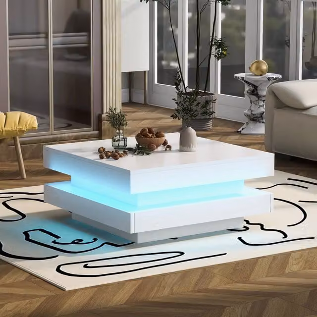 Tavolino da salotto quadrato moderno con piano girevole a 360° e LED, bianco lucido, 70 × 70 × 36 cm
