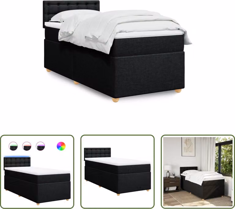 The Living Store Letto a molle con materasso nero 90x200 cm in tessuto