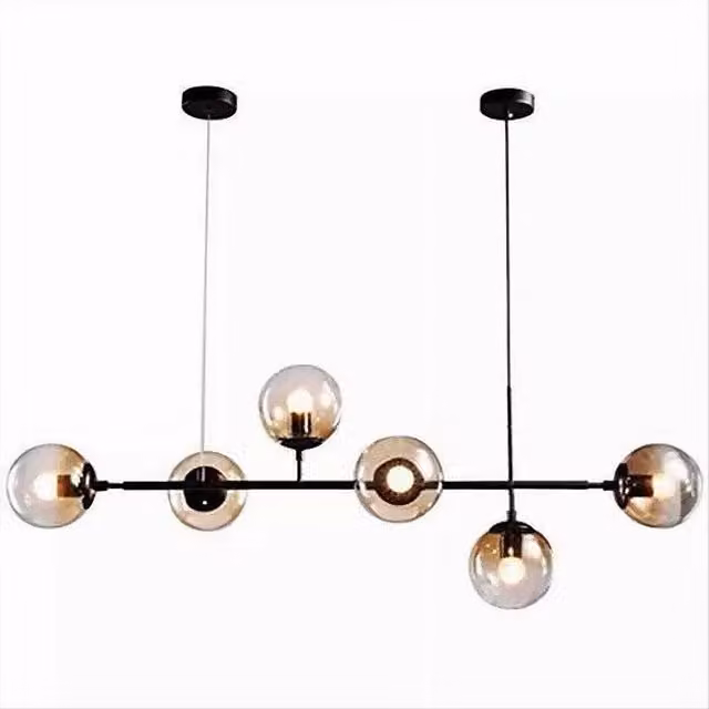 Lampadario a sospensione Trade Shop Traesio con 6 sfere in vetro trasparente e struttura in metallo nero, attacco E27, H: 130 cm, L: 120 cm