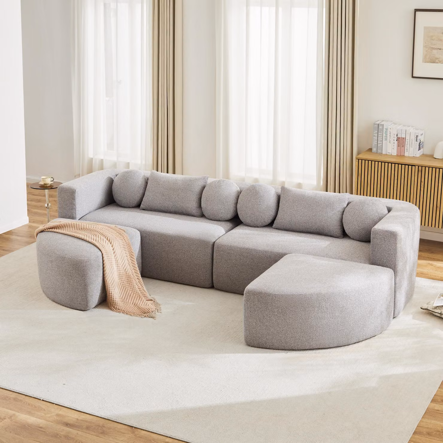 Divano ad angolo Merax a 4 posti, divano letto modulare a forma di U con funzione letto, divano Cloud a compressione totale, divano in ciniglia, da montare, grigio