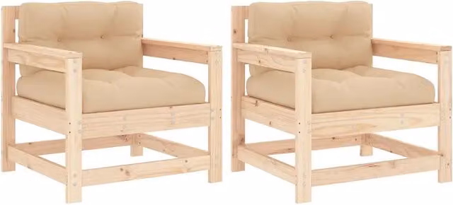 Set di 2 sedie da giardino in legno di pino con cuscini beige e braccioli per esterno