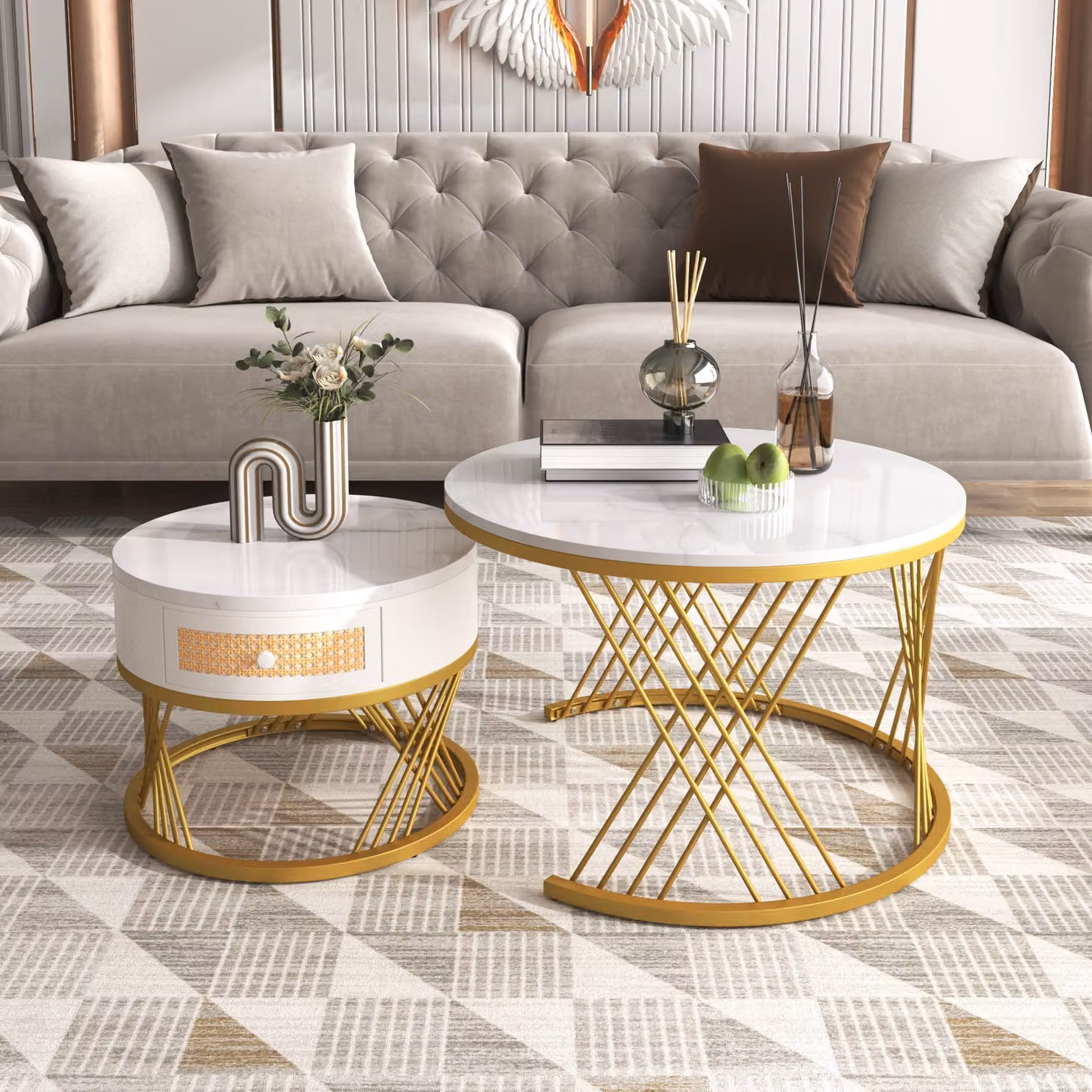 Set di 2 tavolini Tiema tavolino in marmo con ripiano rotondo Ø70 x 46 cm e Ø50 x 49 cm tavolino da salotto tavolino da divano motivo marmo struttura del tavolo in legno in metallo bianco