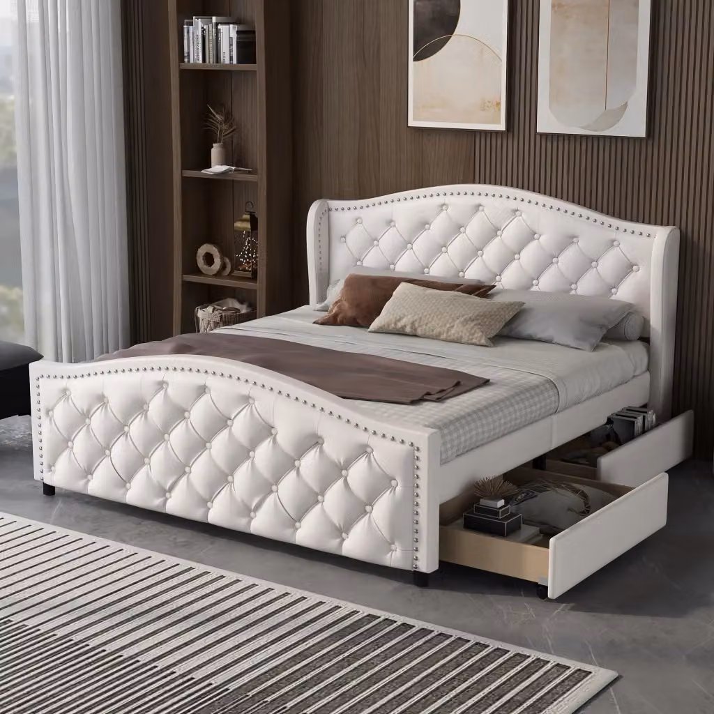 Letto Mivray con cassetti e rete a doghe, testiera capitonné in ecopelle bianca, struttura in legno e acciaio, L/P/H: 160 x 200 x 101,5 cm – 2