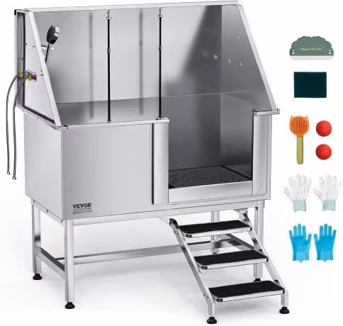 Stazione di Lavaggio per Cani VEVOR in Acciaio Inox Color Argento con Scale e Pannello Filtro, L: 127 cm, H: 70 cm, P: 154,5 cm, Porta Destra