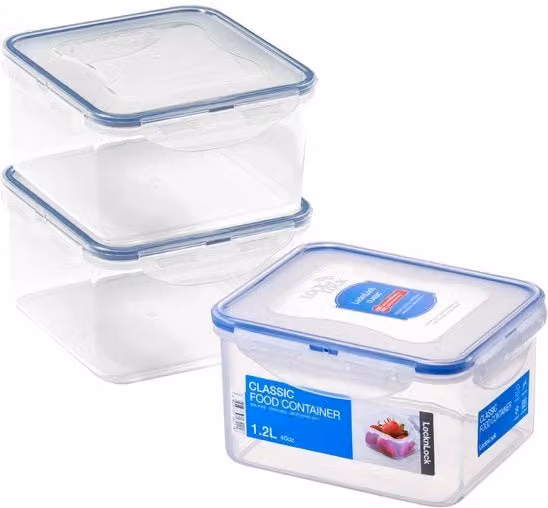 Set di 3 contenitori per alimenti quadrati LocknLock in plastica trasparente, ermetici e impermeabili, senza BPA, lavabili in lavastoviglie, 3 x 1,2 l