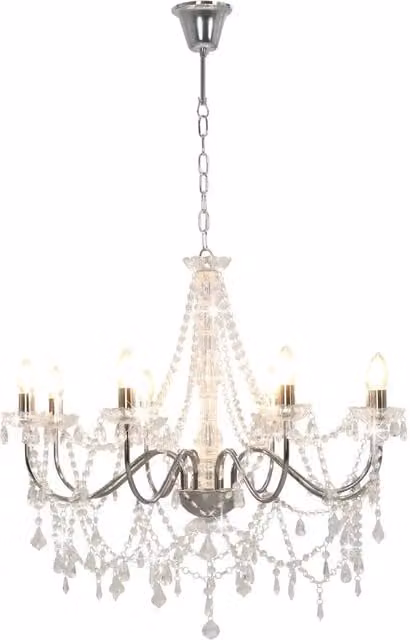 Lampadario a sospensione con perline in cristallo e metallo argento, design round con 8 lampadine E14, trasparente e argento CFW3571888
