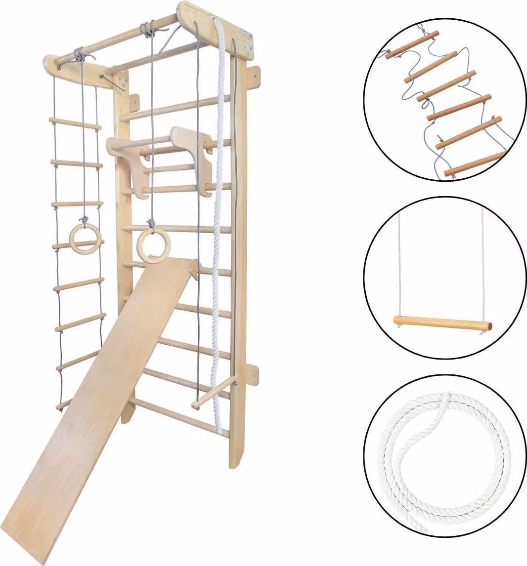 Parco giochi interno con pareti in legno "Numi Plus" + anelli ginnici + scivolo | struttura di arrampicata per bambini