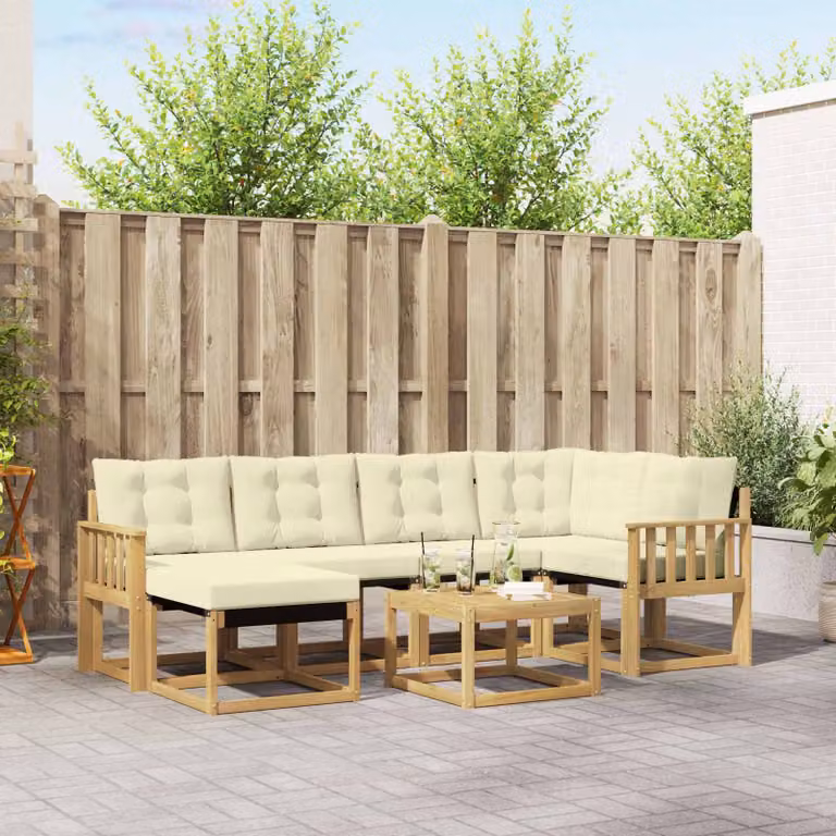 Set di divani da esterno vidaXL 7 pz in legno di acacia con tavolino e pouf, colore bianco, beige e marrone