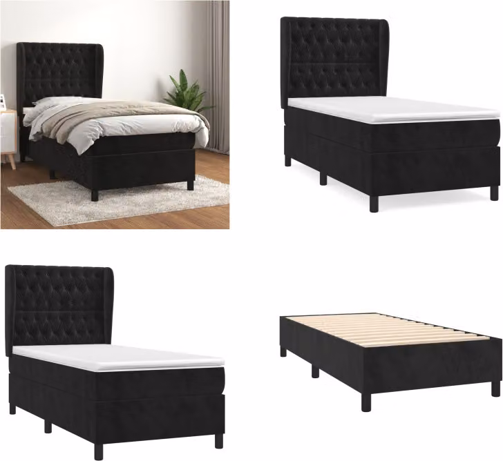 vidaXL Letto a molle con materasso nero 90x190 cm in velluto
