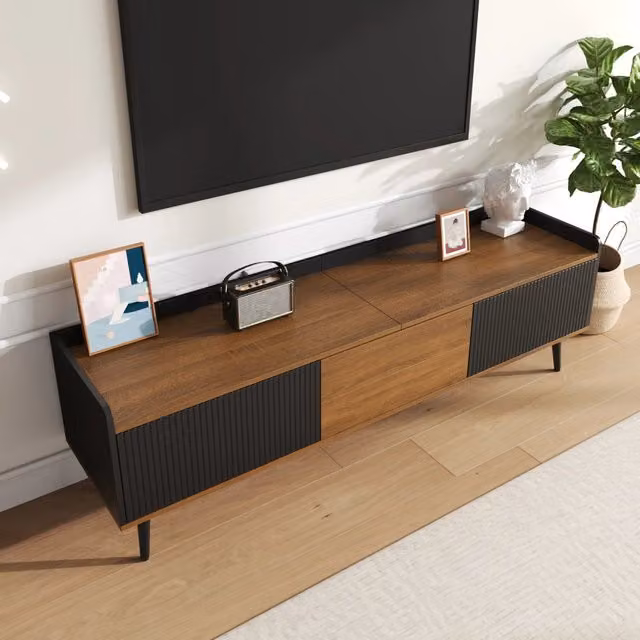 Mobile porta TV OKWISH per soggiorno in MDF e legno con 3 ante, design moderno, nero e marrone, L: 160 cm, P: 39 cm, H: 49,5 cm