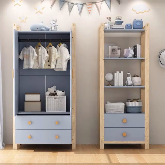 Armadio combinato con libreria, cassetti e asta appendiabiti in legno blu e naturale, L: 160 cm, P: 44 cm, H: 180,5 cm