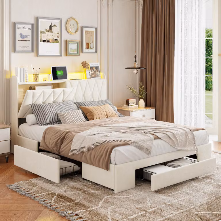 Letto con contenitore (140 x 200 cm), rete a doghe, illuminazione LED, 3 cassetti e stazione di ricarica - Beige
