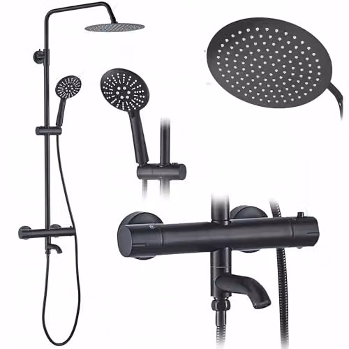 Rea - Colonna Doccia Con Termostato Lungo Nero Sistema Doccia In Ottone Per Bagno (Nero) 45x26,5x117cm