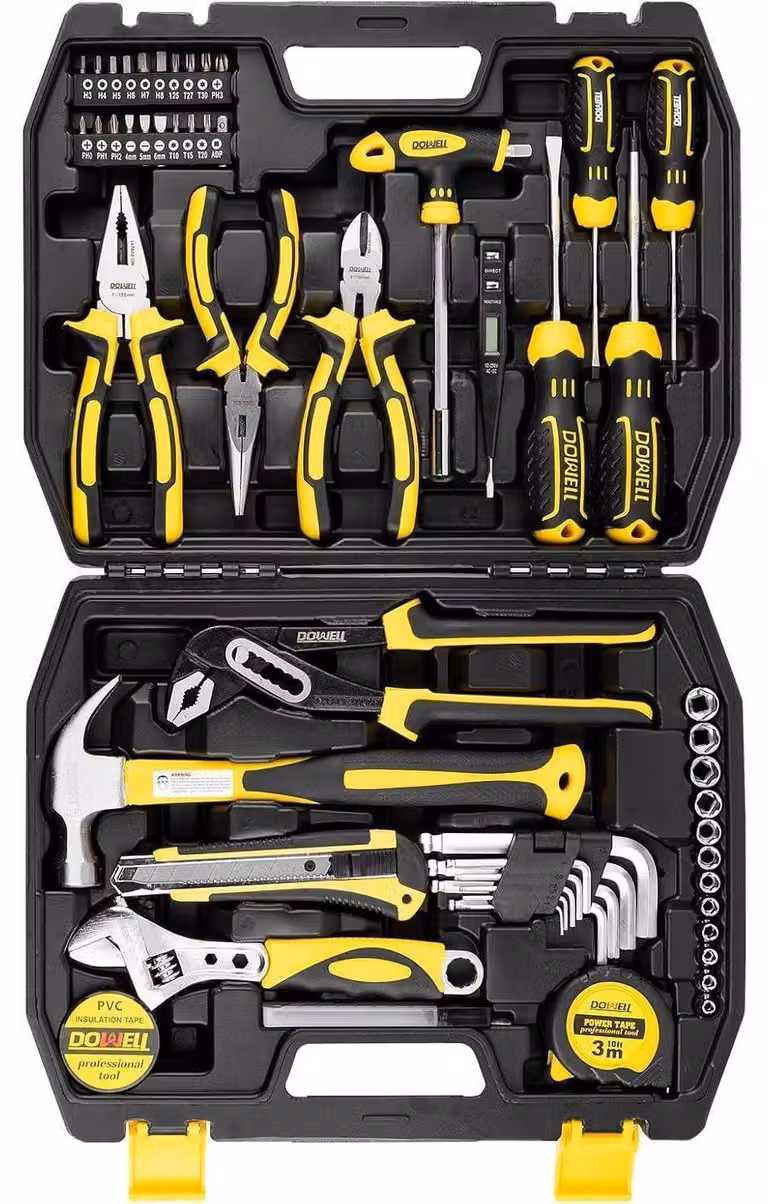 Set di utensili da 62 pezzi per la manutenzione domestica, riparazioni fai-da-te, con cacciaviti, martello, pinze, metro a nastro, set di punte, manici in acciaio e TPR