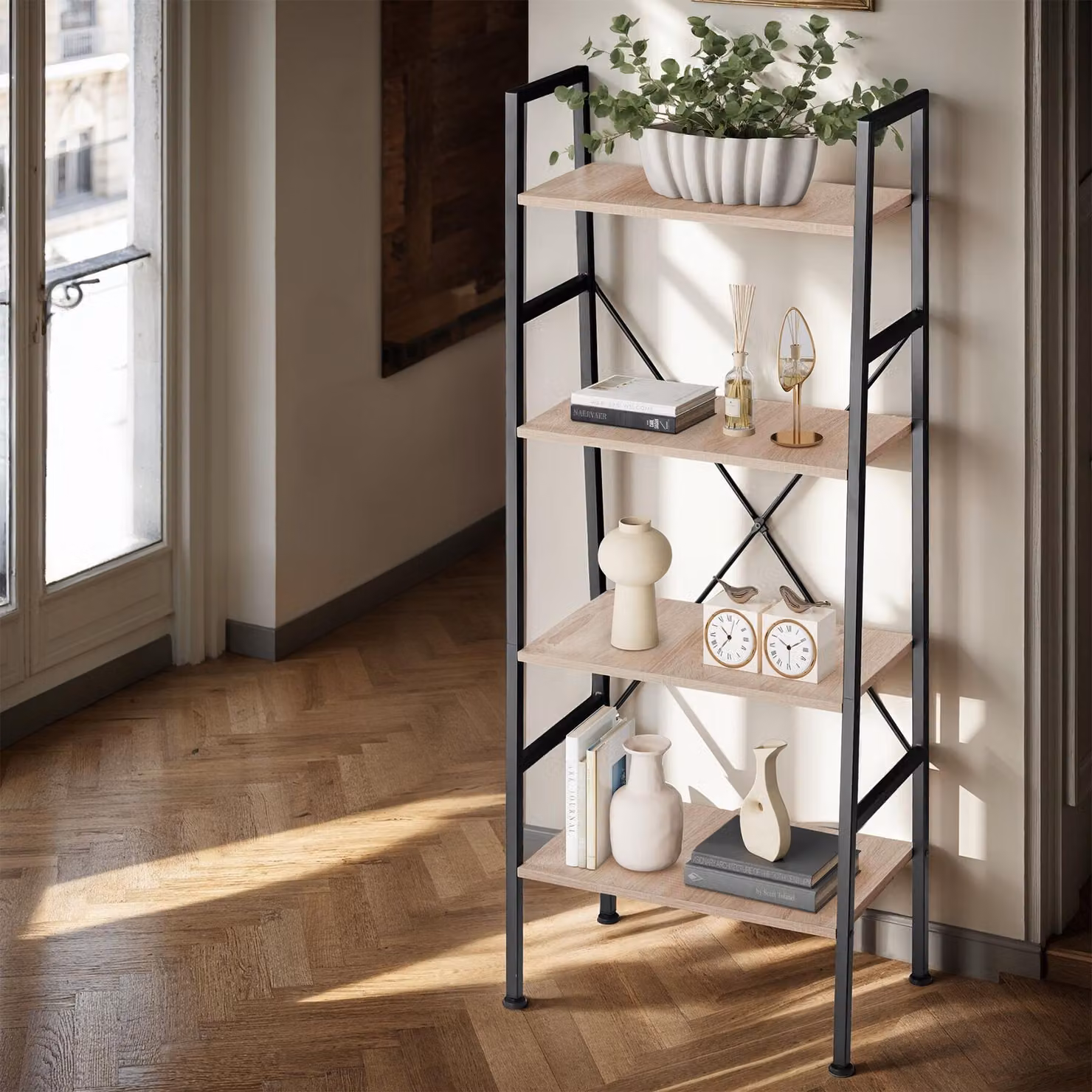 Scaffale a scala Newcastle Tectake in stile industriale, legno rovere Sonoma e metallo, marrone, L: 35.5 cm, P: 15.0 cm, H: 139.0 cm – 2