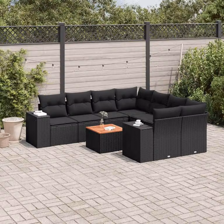 vidaXL Set Divani da Giardino 9 pz in Polyrattan Nero con Cuscini e Tavolino