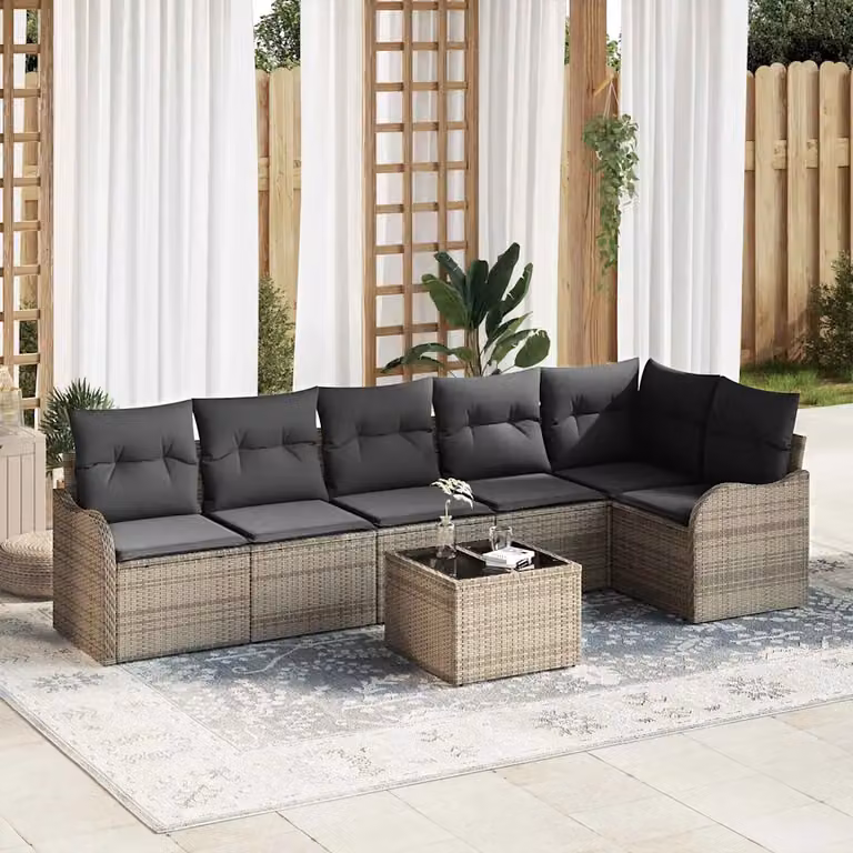 Set Divano da Giardino a L vidaXL 7 Pezzi con Cuscini e Tavolino Nero