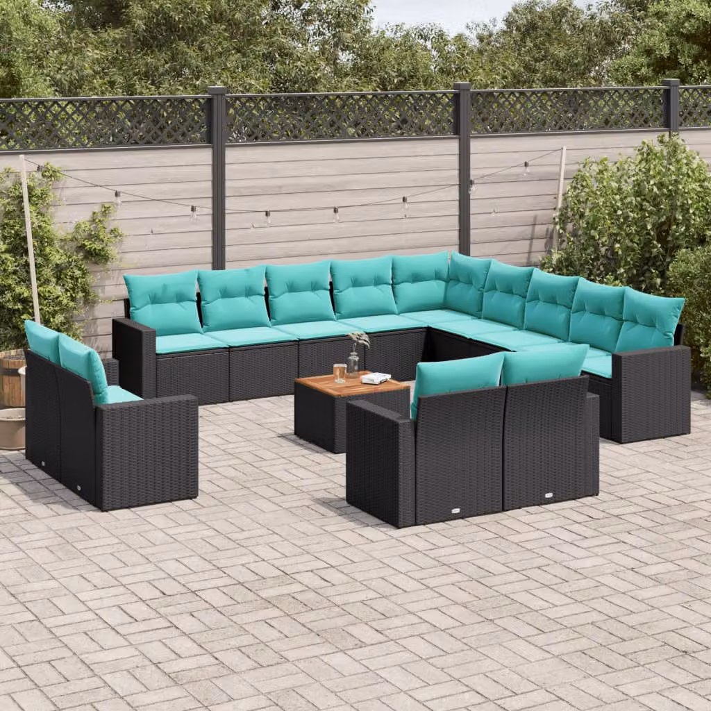 Set di divani da giardino vidaXL 14 pezzi in polyrattan e legno di acacia oliato con cuscini nero, blu e turchese