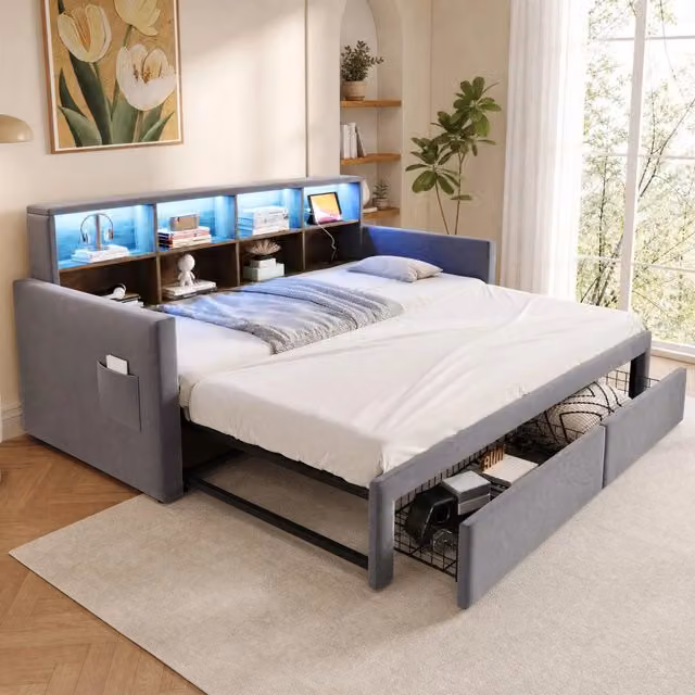 Letto Imbottito REDOM in Velluto Grigio con Cassetti e Porta USB, Dimensioni: 90 x 190 cm