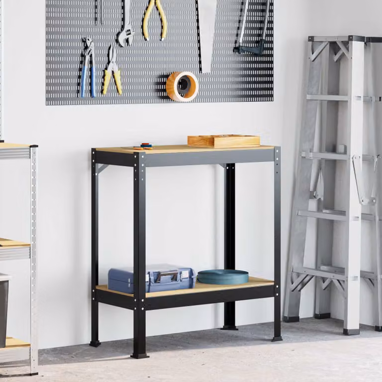 vidaXL Banco da lavoro con scaffale e pannello forato Nero L 81 x P 41 x H 91 cm