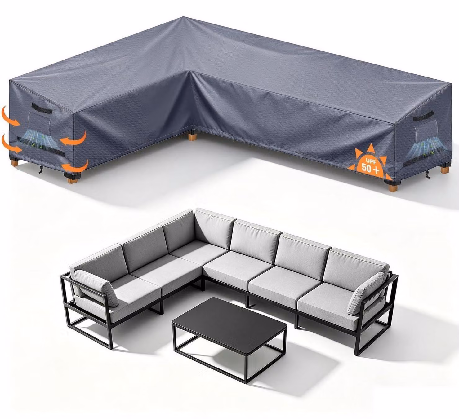 Copertura per mobili da giardino, divani da esterno a forma di L, impermeabile, grigia, dimensioni 180x250x90x80/65 cm, tessuto Oxford 420D