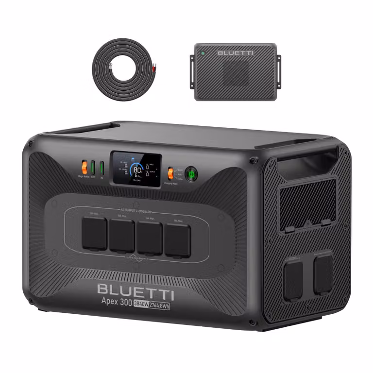 Generatore solare BLUETTI Apex 300 & Charger 2, batteria di riserva da 2764,8 Wh, caricabatterie con alternatore da 1200 W, ricarica rapida in auto in 2,8 ore per viaggi in auto e emergenze