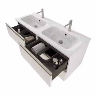 Mobile bagno sospeso INBAGNO Master con doppio lavabo e specchio con illuminazione LED bianco opaco L: 120 cm, P: 45 cm, H: 50 cm – 2