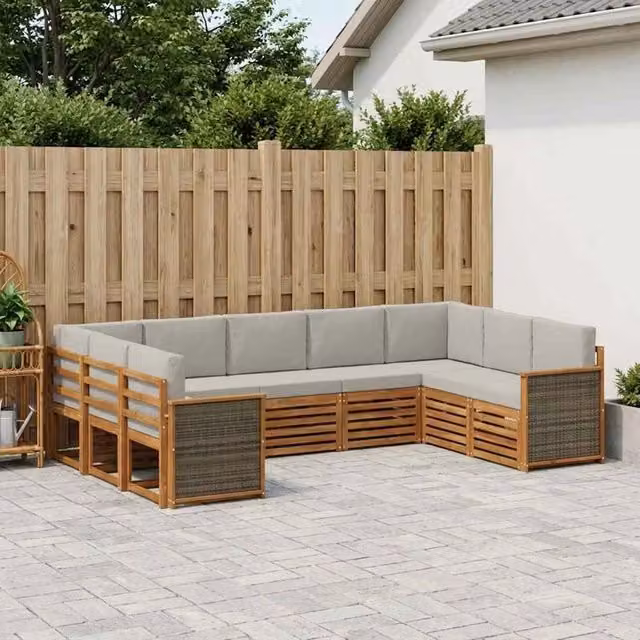 Set di divani da esterno a L vidaXL in legno di acacia con cuscini, beige e grigio