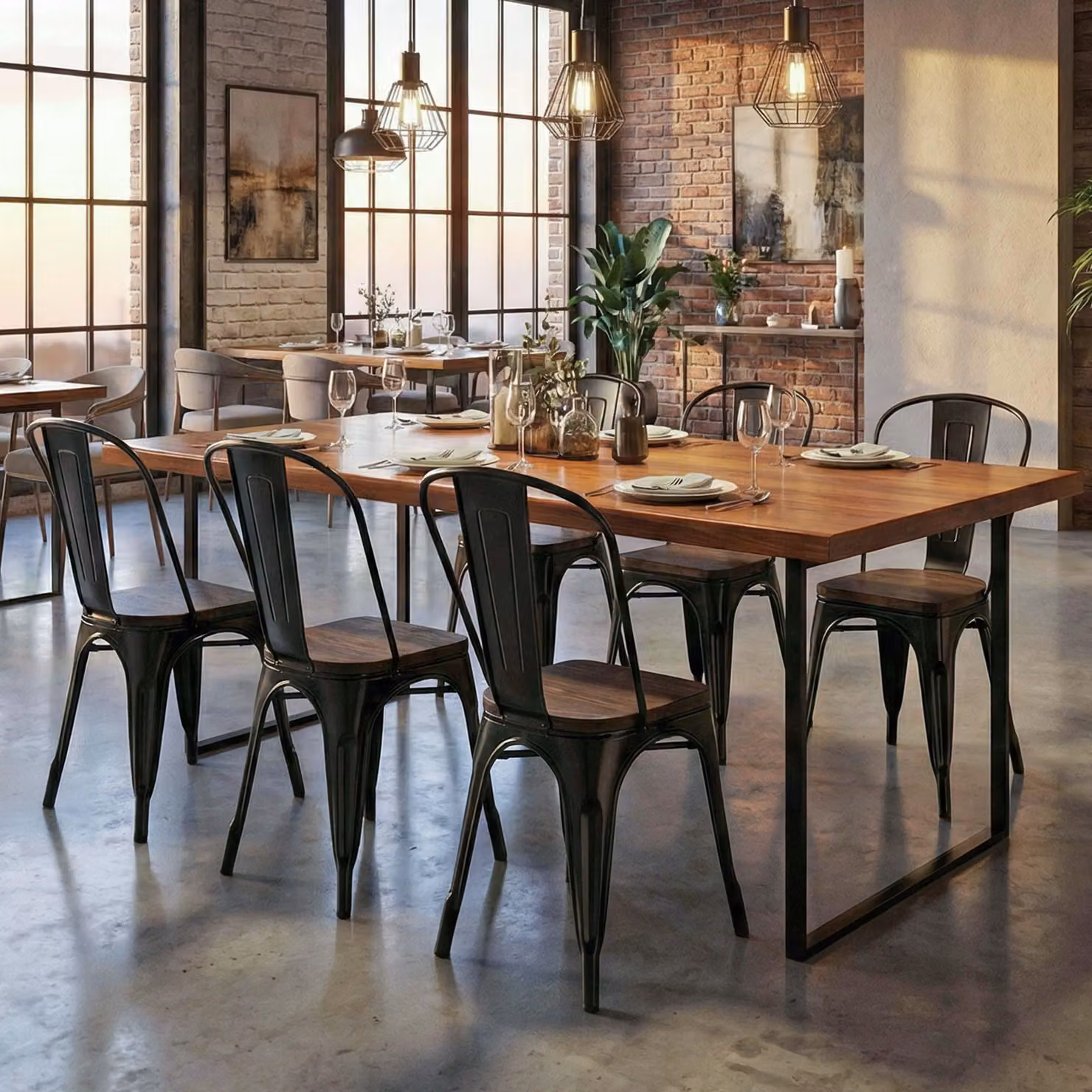 set di 6 sedie HWC-A73 incl. sedile in legno, sedia bistrot impilabile, design industriale in metallo impilabile ~ nero