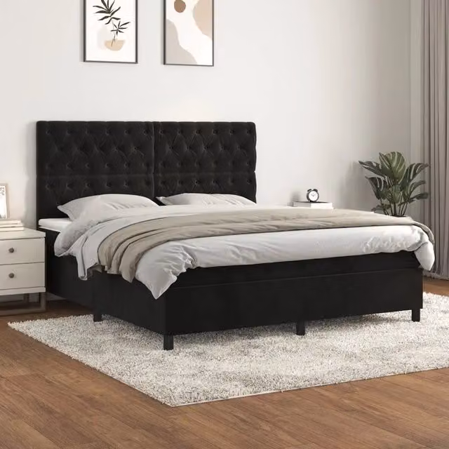 Letto Ibrido vidaXL con Giroletto a Molle e Materasso in Velluto Nero, L/P: 160 x 200 cm