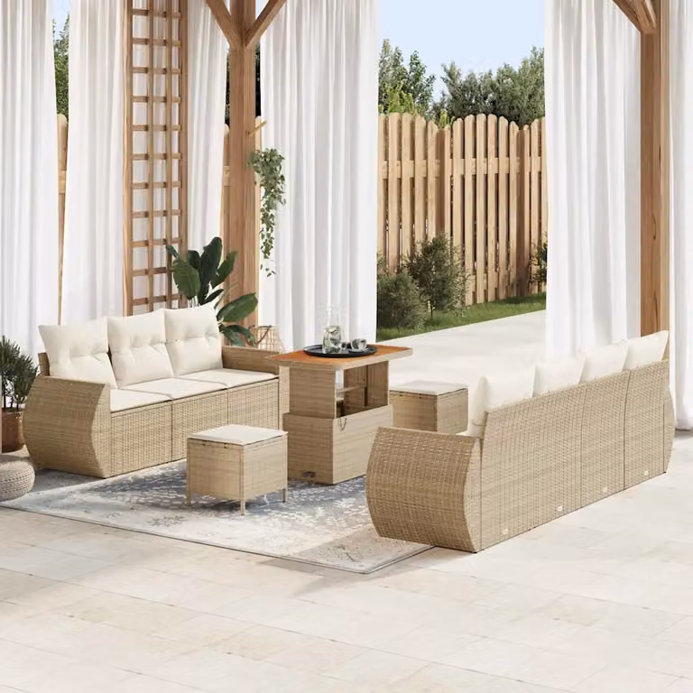 Set Divano da Giardino vidaXL in Polyrattan e Legno di Acacia Beige con 10 Cuscini, Tavolino e Pouf