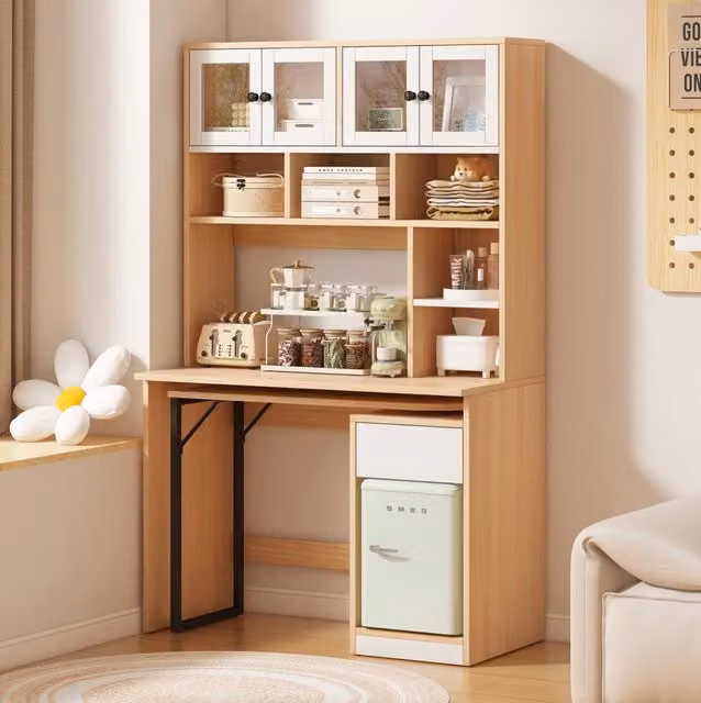Scrivania girevole con colonna contenitore e passacavi in MDF; 110x55x180 cm; naturale e bianco