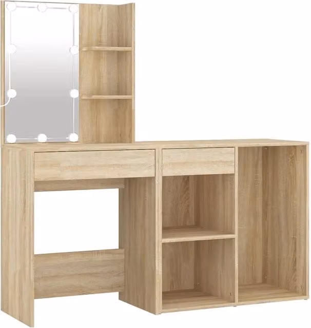 Toeletta | Tavolo da Trucco LED con Armadietto in Legno Multistrato Rovere Sonoma