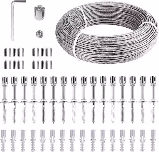 Supporto di salita ottimale per pomodori e piante rampicanti - Set completo con sostegni a parete e cavo in acciaio di 3 mm (8 sostegni, 12 m di corda)