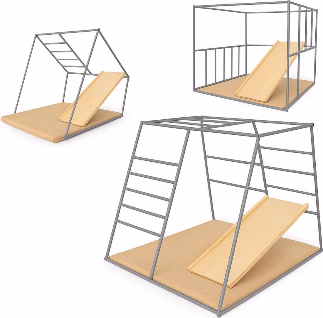 Parco giochi per interni, struttura di arrampicata in metallo per bambini, scivolo per bambini, barre a muro, parete di arrampicata, struttura di arrampicata per la stanza dei bambini