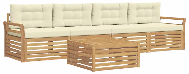 Set di divani da esterno, 5 pezzi, bianco e crema