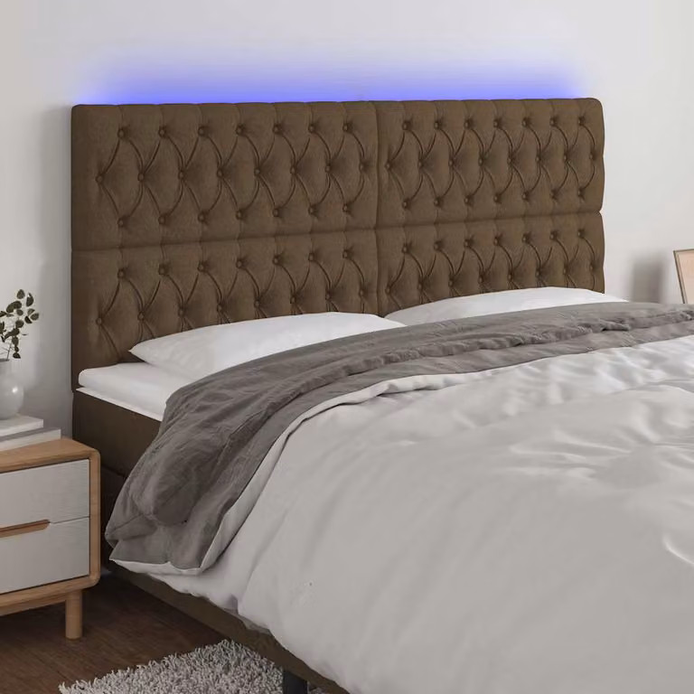 Testiera con LED e porta USB vidaXL in tessuto marrone scuro L: 200 cm, P: 7 cm, H: 118-128 cm