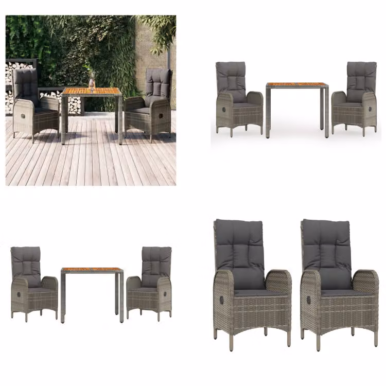 vidaXL Set da pranzo da giardino 3 pezzi con cuscini in poly rattan grigio - Set da pranzo da giardino - Set da pranzo da giardino - Set da pranzo da terrazza