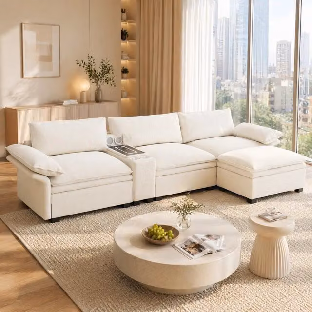 Divano modulare angolare 4 posti 315 cm in ciniglia beige e bianco con ottomana HOMVRA